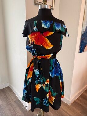 White House Black Market Black Floral Off-Shoulder Tie-Waist Mini Dress